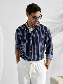 VeloEdit Men's Skin-Friendly Striped Long Sleeve ShirtFall Winter Formal - Navy Blue - View 1