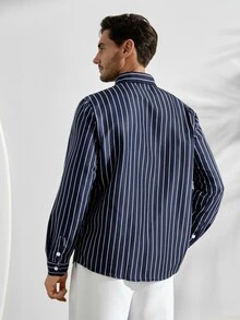 VeloEdit Men's Skin-Friendly Striped Long Sleeve ShirtFall Winter Formal - Navy Blue - View 3