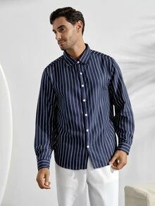 VeloEdit Men's Skin-Friendly Striped Long Sleeve ShirtFall Winter Formal - Navy Blue - View 5