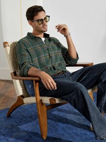 VeloEdit Men Plaid Print Shirt Without Tee, Fall, Long Sleeve Top - Dark Green - View 8