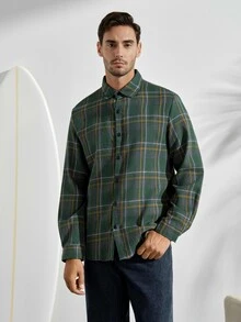 VeloEdit Men Plaid Print Shirt Without Tee, Fall, Long Sleeve Top - Dark Green - View 1
