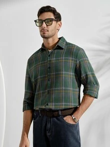 VeloEdit Men Plaid Print Shirt Without Tee, Fall, Long Sleeve Top - Dark Green - View 2