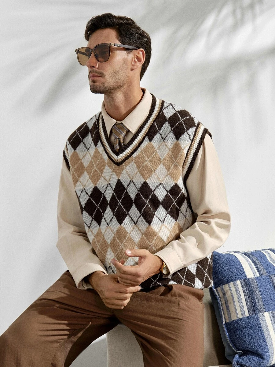 VeloEdit Men's Argyle Pattern Color Block V-Neck Knit Sweater Vest For Men Crochet Set Sleeveless Sweater Men Knit Tops Jumper For Men, Fall Winter - Multicolor - View 1