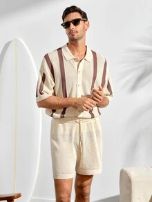 VeloEdit Men's Striped Pattern Button Front Short Sleeve Top And Shorts Knit Sweater Set Men Crochet Short Set Men Stripe Button Up Shirt Shorts SetFall Winter - Multicolor - View 5