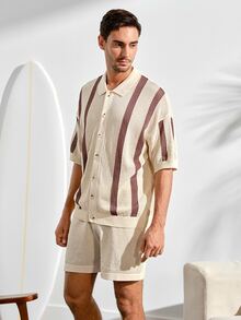VeloEdit Men's Striped Pattern Button Front Short Sleeve Top And Shorts Knit Sweater Set Men Crochet Short Set Men Stripe Button Up Shirt Shorts SetFall Winter - Multicolor - View 4