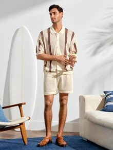VeloEdit Men's Striped Pattern Button Front Short Sleeve Top And Shorts Knit Sweater Set Men Crochet Short Set Men Stripe Button Up Shirt Shorts SetFall Winter - Multicolor - View 3