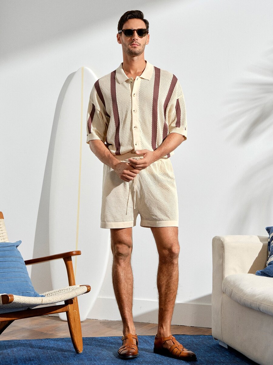 VeloEdit Men's Striped Pattern Button Front Short Sleeve Top And Shorts Knit Sweater Set Men Crochet Short Set Men Stripe Button Up Shirt Shorts SetFall Winter - Multicolor - View 1