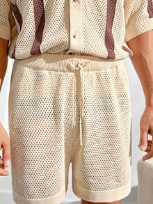VeloEdit Men's Striped Pattern Button Front Short Sleeve Top And Shorts Knit Sweater Set Men Crochet Short Set Men Stripe Button Up Shirt Shorts SetFall Winter - Multicolor - View 7