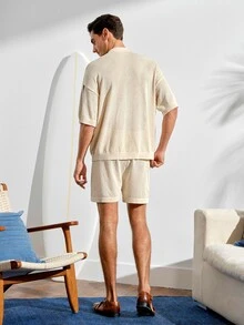 VeloEdit Men's Striped Pattern Button Front Short Sleeve Top And Shorts Knit Sweater Set Men Crochet Short Set Men Stripe Button Up Shirt Shorts SetFall Winter - Multicolor - View 2