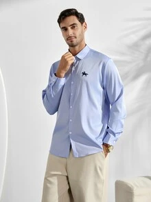 VeloEdit Men's Embroidery Front Button Down Collar Long Sleeve Formal Shirt, Fall Ceremony - Blue - View 5