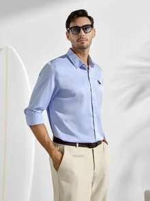 VeloEdit Men's Embroidery Front Button Down Collar Long Sleeve Formal Shirt, Fall Ceremony - Blue - View 1
