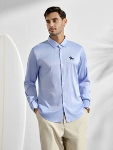 VeloEdit Men's Embroidery Front Button Down Collar Long Sleeve Formal Shirt, Fall Ceremony - Blue - View 4
