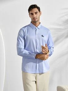 VeloEdit Men's Embroidery Front Button Down Collar Long Sleeve Formal Shirt, Fall Ceremony - Blue - View 6