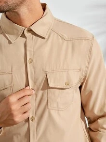 VeloEdit Men's Casual Solid Color Plain Collar Shirt Americana Long Sleeve Shirt, For Going Out, For Fall, Holiday Old Money - Khaki - View 7