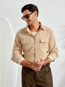 VeloEdit Men's Casual Solid Color Plain Collar Shirt Americana Long Sleeve Shirt, For Going Out, For Fall, Holiday Old Money - Khaki - View 1