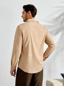 VeloEdit Men's Casual Solid Color Plain Collar Shirt Americana Long Sleeve Shirt, For Going Out, For Fall, Holiday Old Money - Khaki - View 4