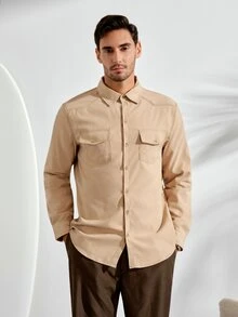 VeloEdit Men's Casual Solid Color Plain Collar Shirt Americana Long Sleeve Shirt, For Going Out, For Fall, Holiday Old Money - Khaki - View 5