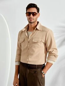 VeloEdit Men's Casual Solid Color Plain Collar Shirt Americana Long Sleeve Shirt, For Going Out, For Fall, Holiday Old Money - Khaki - View 2