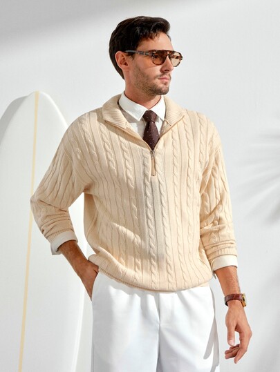 VeloEdit 男士纯色前拉链长袖休闲套头毛衣，适合朋友聚会，秋冬季