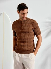 VeloEdit Men's Solid Half-Button Placket Knit Sweater, Smart Casual Henley Pullover Top For Work & Everyday Wear - Coffee Brown - View 5