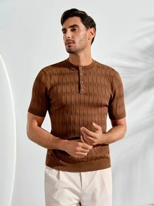 VeloEdit Men's Solid Half-Button Placket Knit Sweater, Smart Casual Henley Pullover Top For Work & Everyday Wear - Coffee Brown - View 6