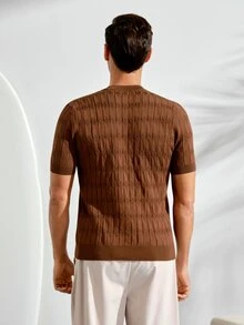 VeloEdit Men's Solid Half-Button Placket Knit Sweater, Smart Casual Henley Pullover Top For Work & Everyday Wear - Coffee Brown - View 3