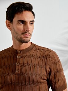 VeloEdit Men's Solid Half-Button Placket Knit Sweater, Smart Casual Henley Pullover Top For Work & Everyday Wear - Coffee Brown - View 7