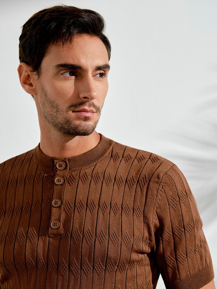 VeloEdit Men's Solid Half-Button Placket Knit Sweater, Smart Casual Henley Pullover Top For Work & Everyday Wear - Coffee Brown - View 7