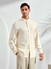 VeloEdit Men's Solid Color Minimalist Single-Breasted Long Sleeve Casual Formal Shirt, CeremonyFall Winter Old Money - Apricot - View 5