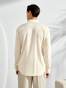 VeloEdit Men's Solid Color Minimalist Single-Breasted Long Sleeve Casual Formal Shirt, CeremonyFall Winter Old Money - Apricot - View 3