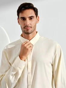 VeloEdit Men's Solid Color Minimalist Single-Breasted Long Sleeve Casual Formal Shirt, CeremonyFall Winter Old Money - Apricot - View 6