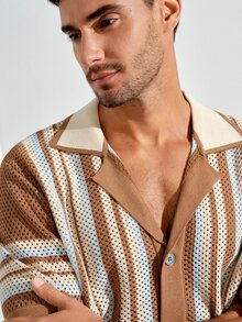 VeloEdit Men's Front Button Short Sleeve Striped Casual Knit Top Beach Vacation - Multicolor - View 6
