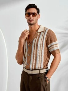 VeloEdit Men's Front Button Short Sleeve Striped Casual Knit Top Beach Vacation - Multicolor - View 1