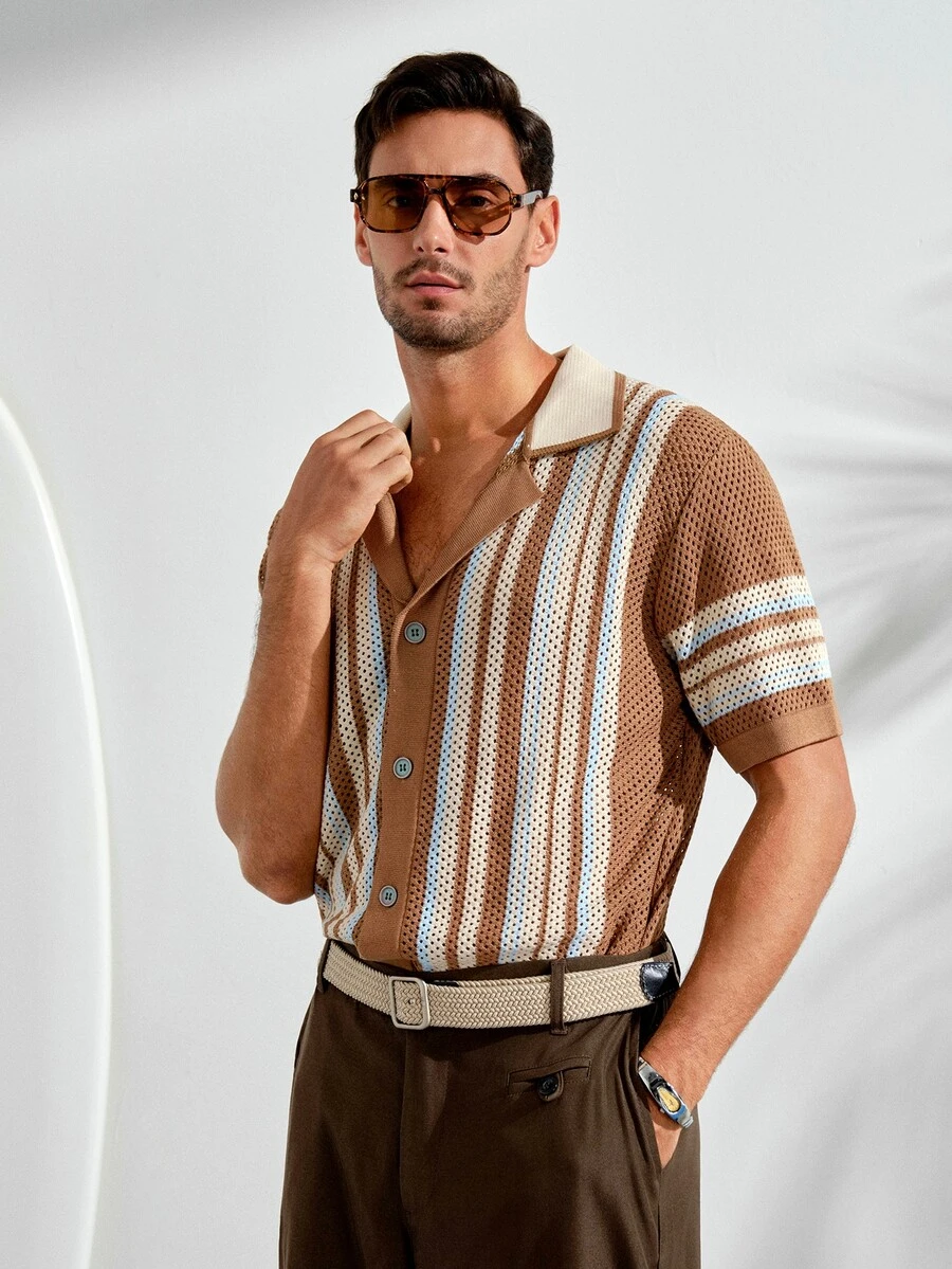 VeloEdit Men's Front Button Short Sleeve Striped Casual Knit Top Beach Vacation - Multicolor - View 1