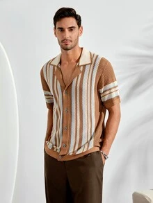VeloEdit Men's Front Button Short Sleeve Striped Casual Knit Top Beach Vacation - Multicolor - View 4