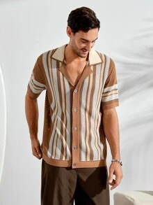 VeloEdit Men's Front Button Short Sleeve Striped Casual Knit Top Beach Vacation - Multicolor - View 5