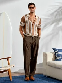 VeloEdit Men's Front Button Short Sleeve Striped Casual Knit Top Beach Vacation - Multicolor - View 2