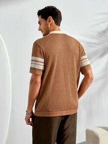VeloEdit Men's Front Button Short Sleeve Striped Casual Knit Top Beach Vacation - Multicolor - View 3