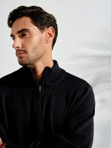 VeloEdit Men's Solid Color Minimalist Casual Zip-Up Long Sleeve SweaterFall Winter Old Money - Black - View 7