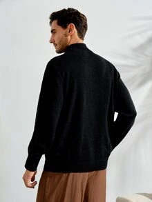 VeloEdit Men's Solid Color Minimalist Casual Zip-Up Long Sleeve SweaterFall Winter Old Money - Black - View 3