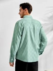 VeloEdit Men's Green Checkered Embossed Casual Business Slim Fit Long Sleeve ShirtFall Winter Formal Old Money - Green - View 4