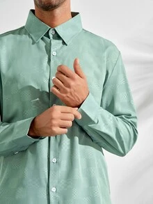 VeloEdit Men's Green Checkered Embossed Casual Business Slim Fit Long Sleeve ShirtFall Winter Formal Old Money - Green - View 6