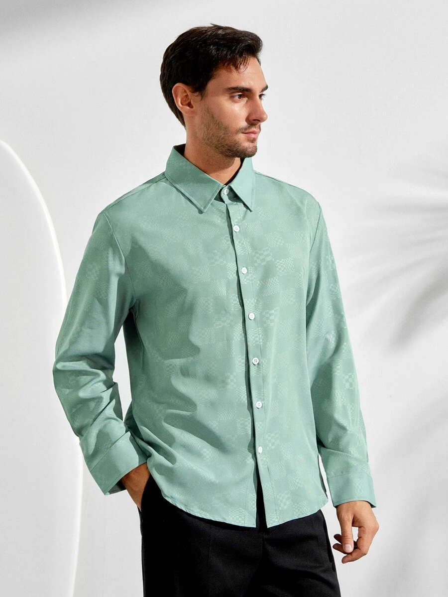 VeloEdit Men's Green Checkered Embossed Casual Business Slim Fit Long Sleeve ShirtFall Winter Formal Old Money - Green - View 1