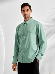 VeloEdit Men's Green Checkered Embossed Casual Business Slim Fit Long Sleeve ShirtFall Winter Formal Old Money - Green - View 5