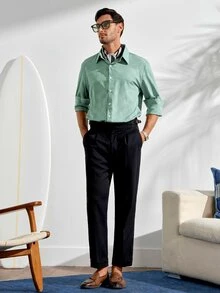 VeloEdit Men's Green Checkered Embossed Casual Business Slim Fit Long Sleeve ShirtFall Winter Formal Old Money - Green - View 3
