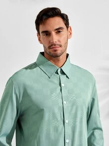 VeloEdit Men's Green Checkered Embossed Casual Business Slim Fit Long Sleeve ShirtFall Winter Formal Old Money - Green - View 7
