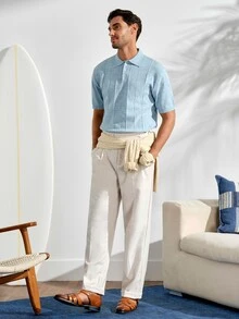 Men's Collared Short Sleeve Knit TopFall Winter - Cadet Blue - View 7