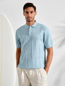 Men's Collared Short Sleeve Knit TopFall Winter - Cadet Blue - View 4