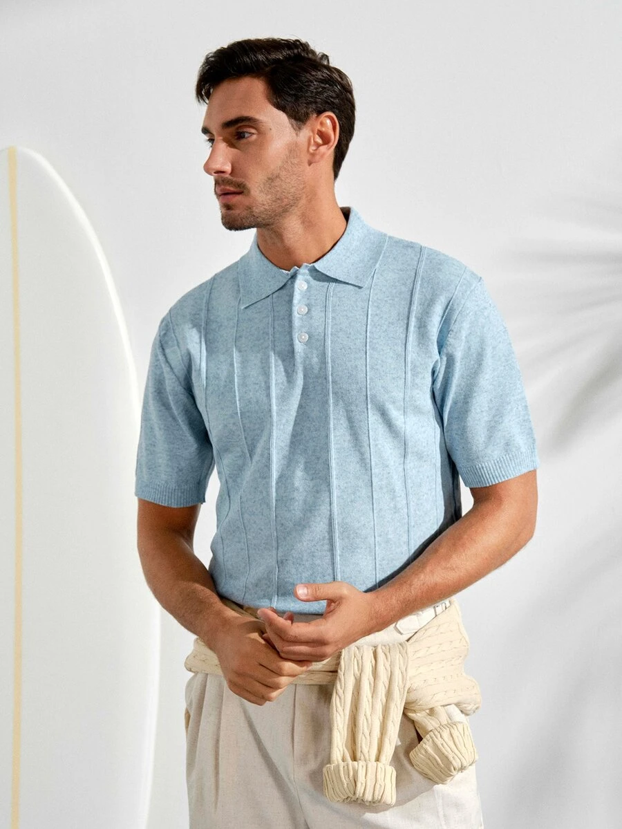 Men's Collared Short Sleeve Knit TopFall Winter - Cadet Blue - View 1