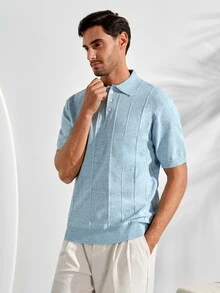 Men's Collared Short Sleeve Knit TopFall Winter - Cadet Blue - View 5